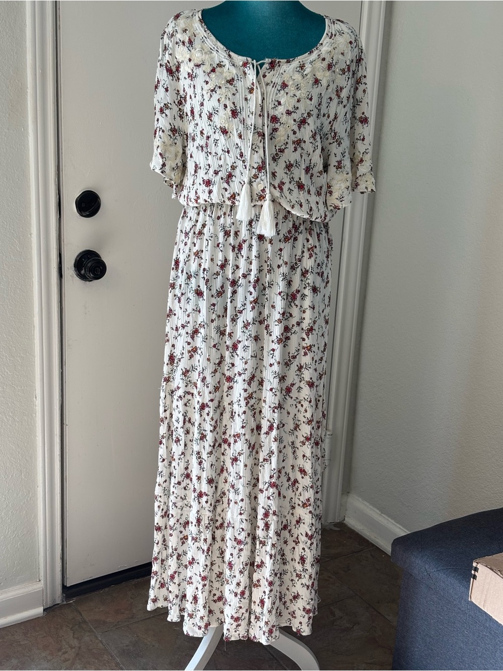 Wonderly Ivory Maxi Dress with Red Floral Tassel Tie, peasant, cottagecore.